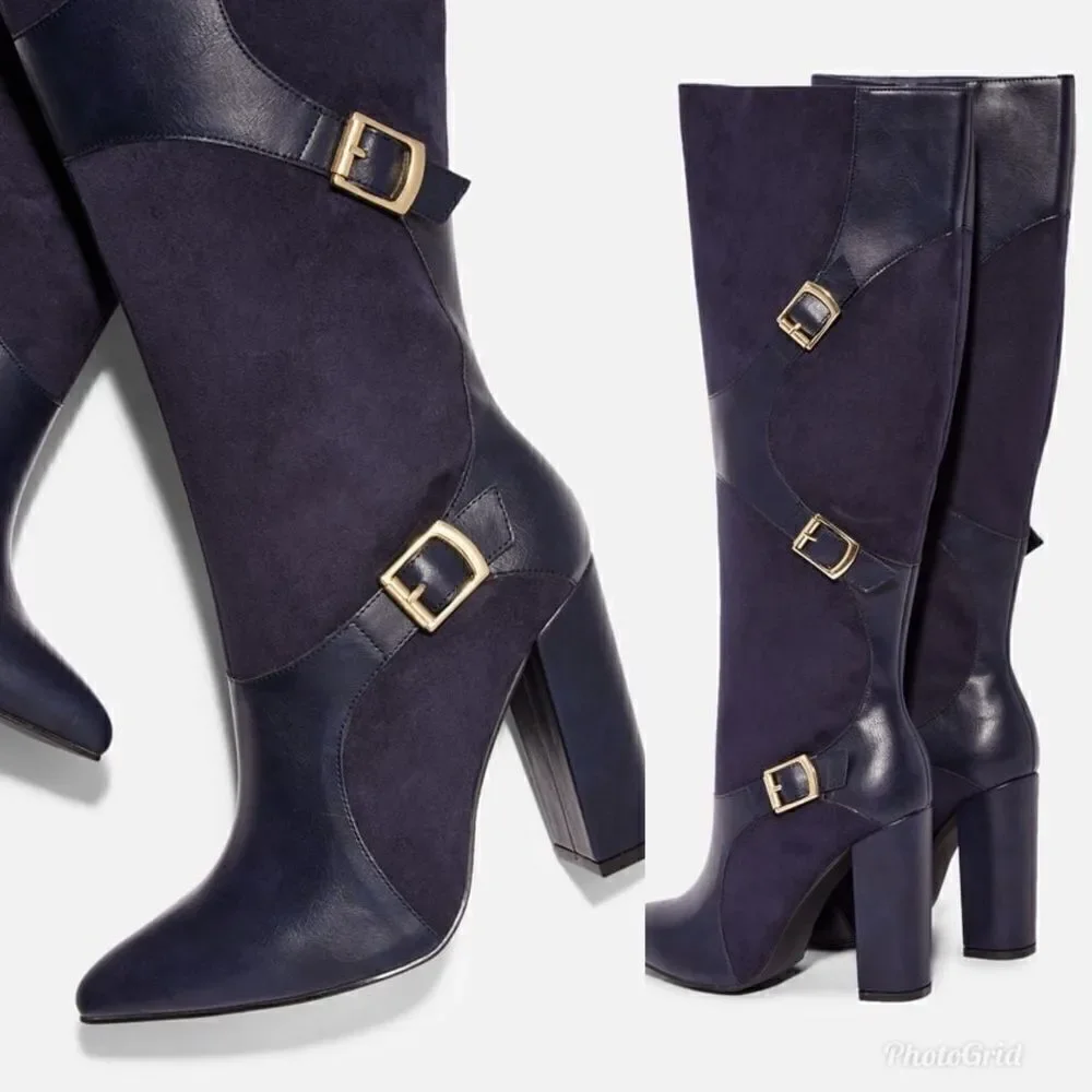 JUSTFAB Yelda Navy Blue Gold Buckle Knee High Heeled Pointed Toe Boots